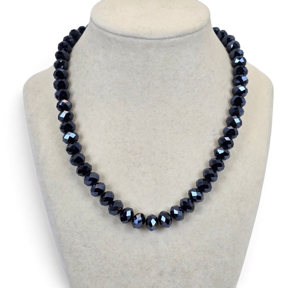 Navy Blue Faceted Bead Necklace Graduated Statement Jewelry Magnetic Clasp - Picture 12 of 12